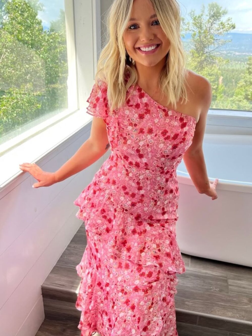 Floral One Shoulder Dress - Pink - Astr the Label
